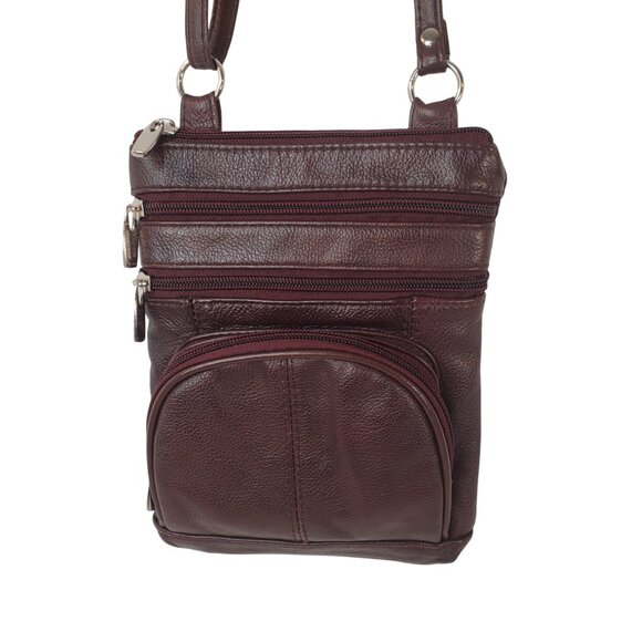 Crossbody Wristlet Bag Purse Multiple Pockets Zip Closure Maroon Faux Leather - Picture 2 of 6